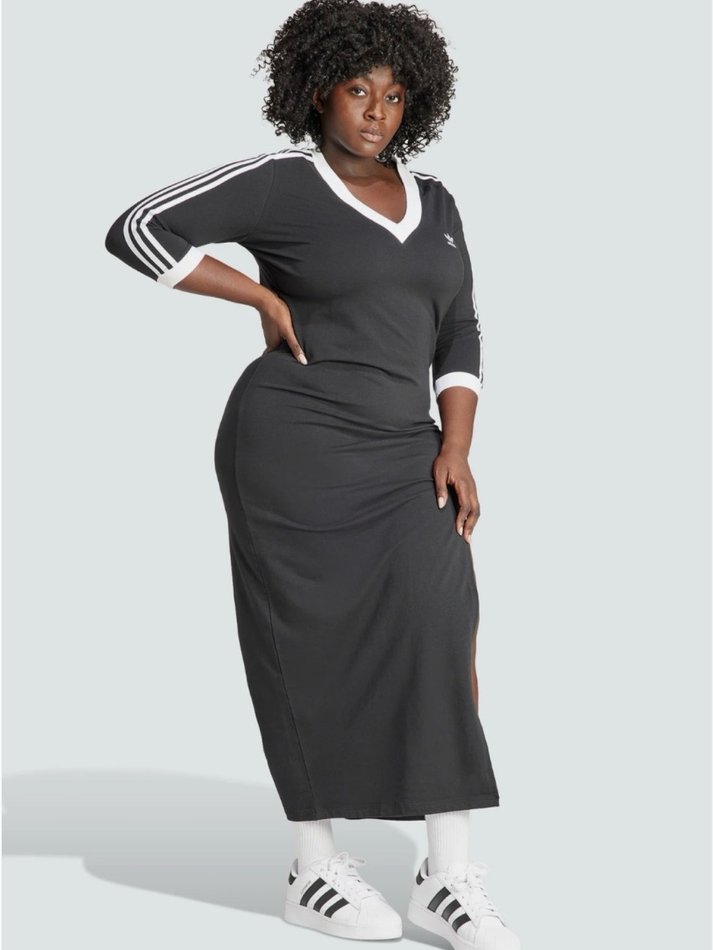 Adidas Plus 4X  Adicolor Classics 3-Stripe V-Neck Maxi Dress Black & White - Picture 9 of 10